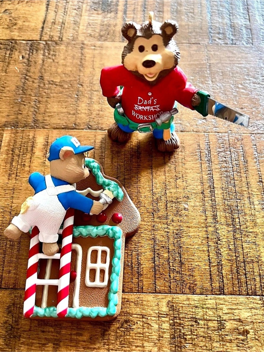 Vintage 1993 & 1998 Hallmark Dad Christmas Ornaments Workshop Painting Handyman